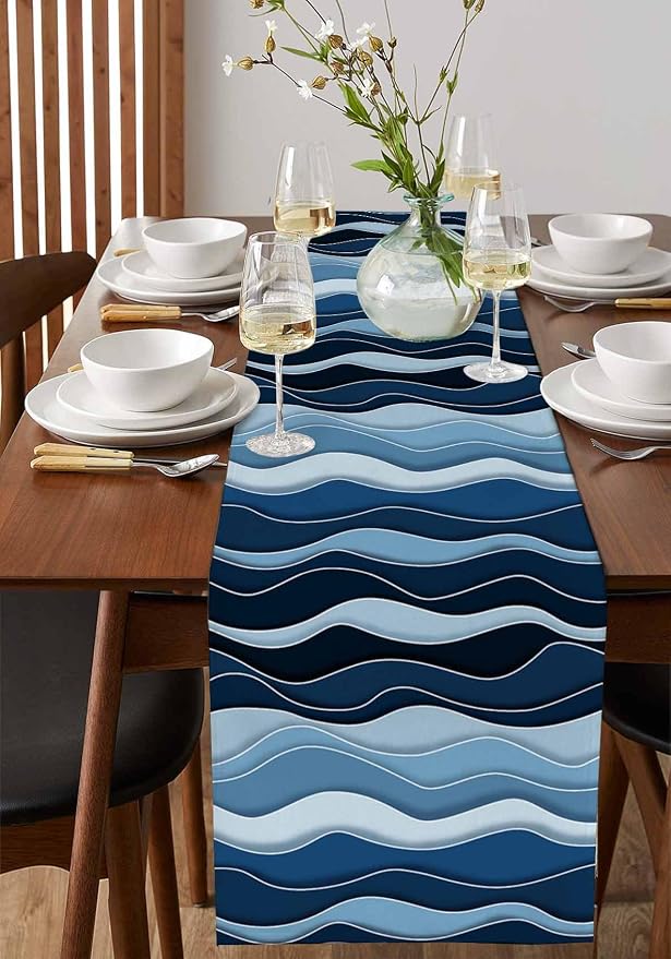 Abstract Blue Moire Table Runners 60 Inches Long, Cotton Linen Fabric Table - Image 2