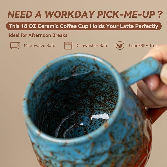 18oz Unique Blue & Orange Kiln-Change Ceramic Coffee Mug, Handcrafted Hammered - Image 3
