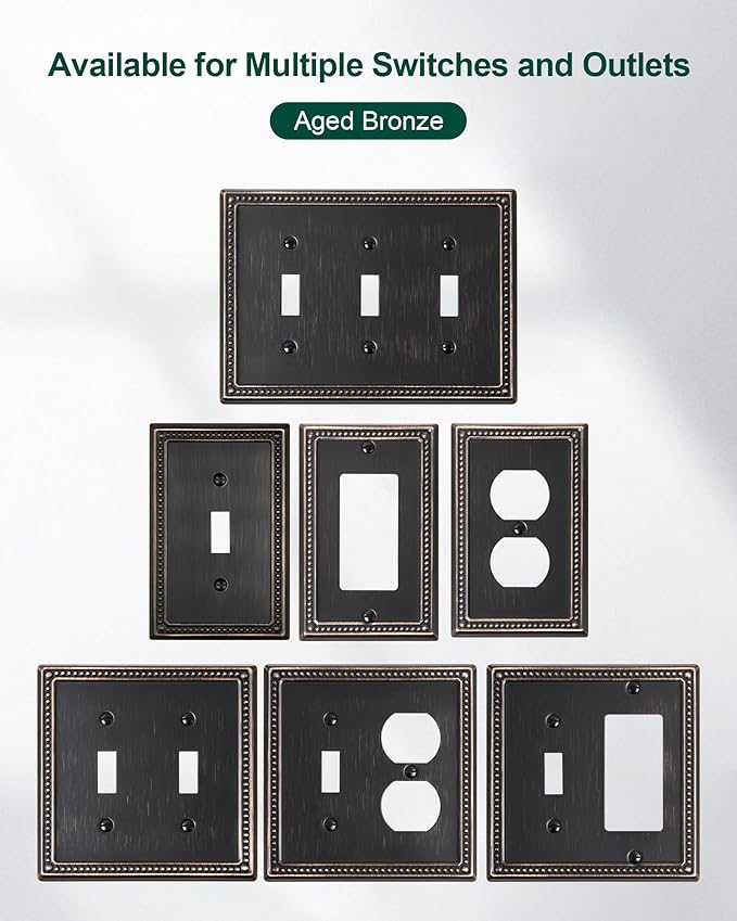 6-Pack Duplex Outlet Cover Plate, Aged Bronze Metal Wall Plates for Electrical Outlets, 1 Gang Receptacle Light Switch Cover, Pearls Decorative Switch Plates and Outlet Covers