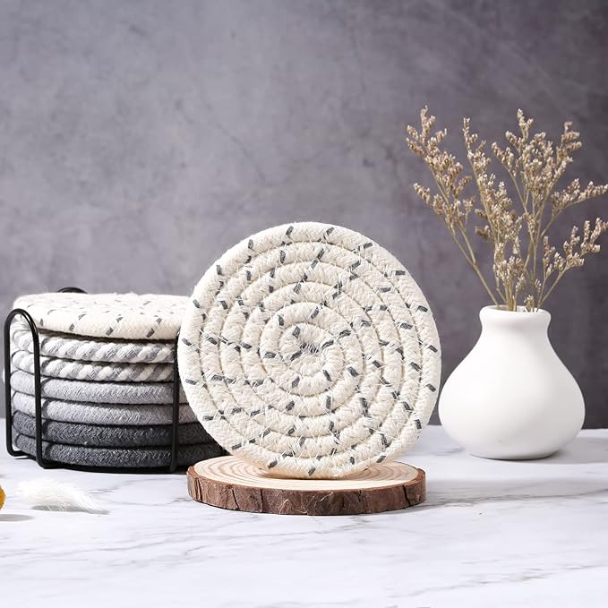 Mckanti 8 Pcs Drink Coasters with Holder, 4 Colors Absorbent Coasters, Minimalist Cotton Woven Coaster Set for Living Room Decor, Tabletop Protection Suitable for Kinds of Cups, 4.3 Inches