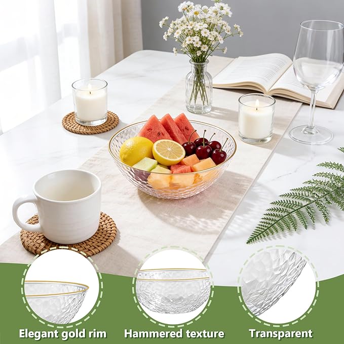 Tinybee 30 Pack Clear Plastic Bowls - Clear Disposable Bowls for Party with Gold Rim, 16-20oz Premium Hammered Bowls Disposable Heavy Duty, Plastic Salad Bowls for Milk Cereals, Snacks, Salads