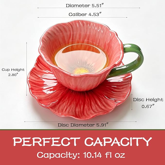 10 oz Tea Cups and Saucers, Flower-Shaped Ceramic Latte Art Cappuccino Cup and - Image 2