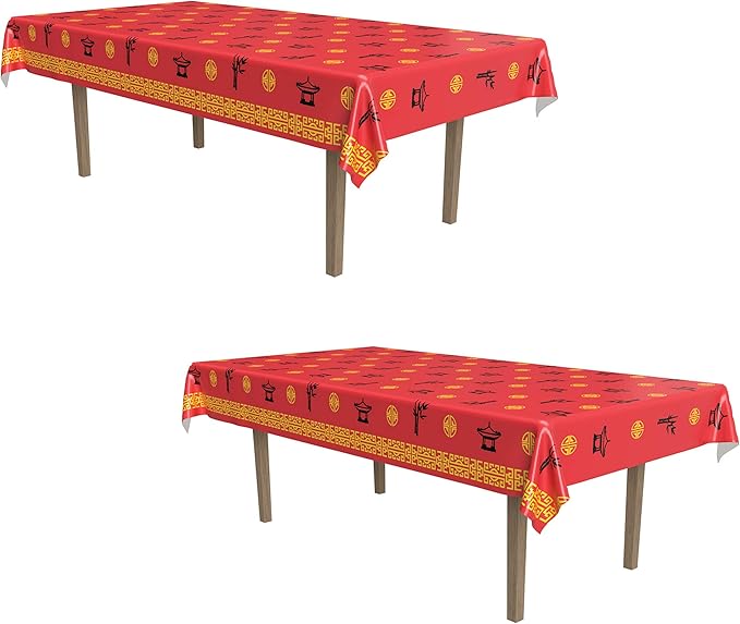 Beistle 2-Count Asian Tablecover, Chinese New Year Decorations & Plastic Table Cloth, Party Supplies & Cultural Tableware for Celebrations, 54" x 108"