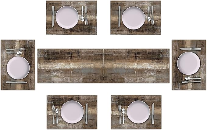 Brown and Grey Table Runner and Place Mats Set of 6 Dark Rustic Abstract - Image 2