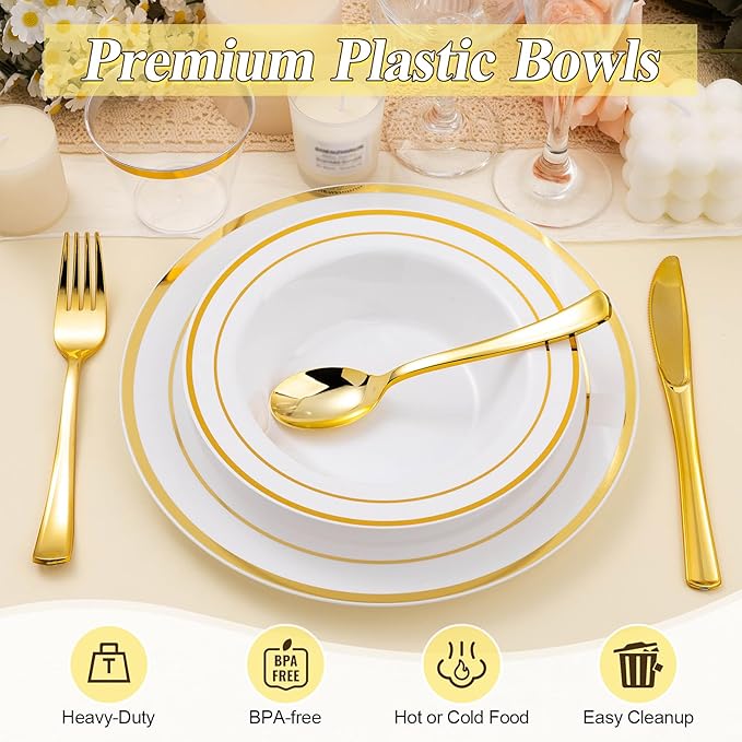 BESTSTAR 50 Pack Disposable Soup Bowls with Gold Rim, 12oz Premium Heavy Duty Plastic Dinner Bowls for Party, Wedding and Holiday