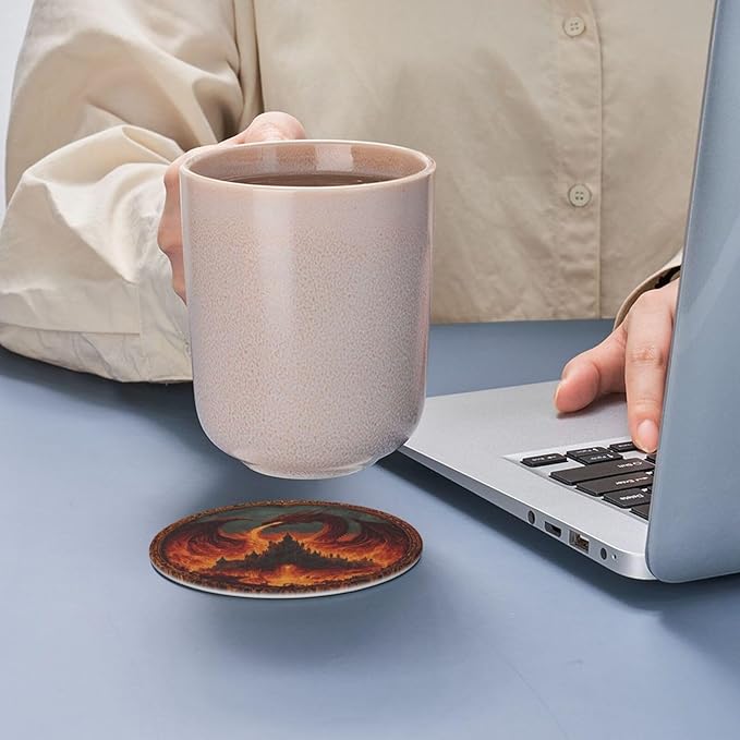 Dragon Coasters for Drinks with Holder Round Leather Coasters Set of 6 Cups Mugs Mat Pad for Home Kitchen Bar