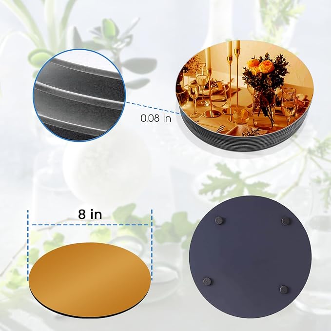 VASUHOME 8" Gold Mirror Centerpieces for Tables, Round Mirror Plates Set for Candle, Wedding, Party Decorations, Circle Mirror Trays with Smooth Edge and Cushioned Feet, 2mm Thick