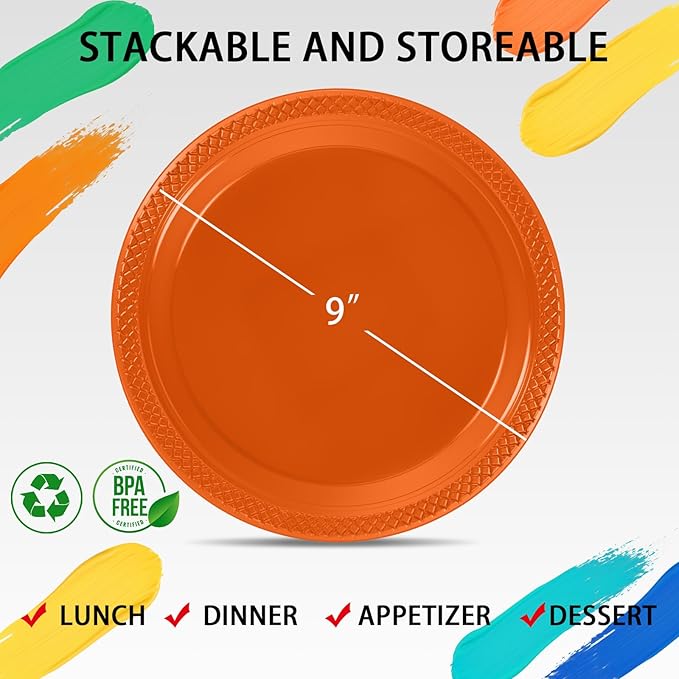 WELLIFE Orange Party Plates 9 Inch -150 Count, Plastic Disposable Dinner Plates for Party Easter Picnic BBQ Wedding Engagement Birthday
