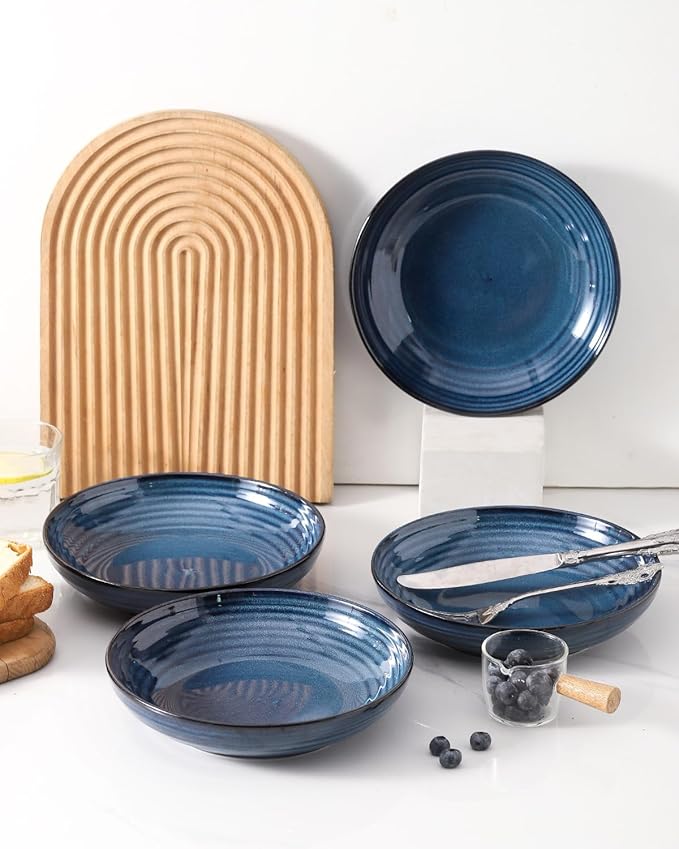 Ceramic Pasta Bowls, 8.7" Large Salad Bowls Set of 4, 32 oz Wide and Shallow Bowls, Farmhouse Bowl Plates for Kitchen, Gift for Housewarming Wedding, Microwave & Dishwasher Safe, Blue