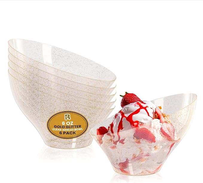 R-kay 6 Pack Angled Candy Bowls - Clear Plastic bowls - Premium Plastic Serving Bowls Heavy Duty For Weddings Catering, parties, And All Occasions (Gold Glitter, Small)