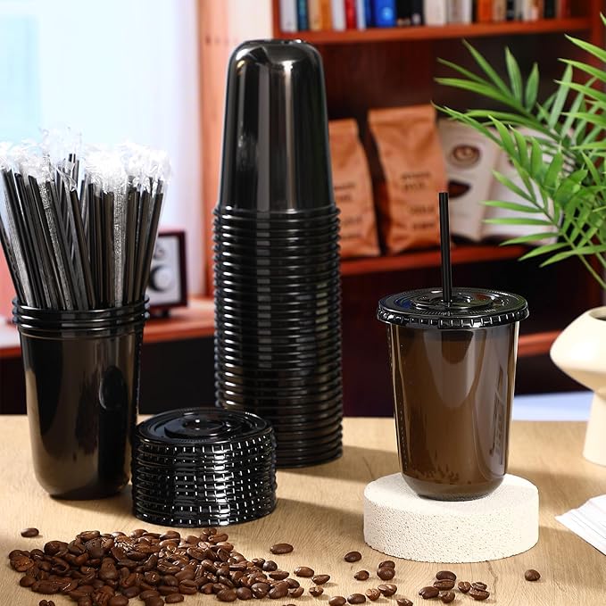 50 Sets Clear Plastic Cups with Lids and Straws, Disposable Iced Coffee Cups Drinking PET for Cold Drinks, Juice, Smoothie, Coffee Shops, Party, Christmas(Black,16 oz)