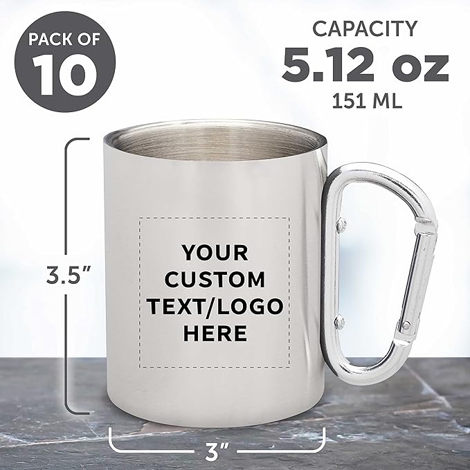 Custom Stainless Steel Mugs with Carabiner Handle 10 oz. Set of 10, Personalized Bulk Pack - Perfect for Coffee, Soda, Other Hot & Cold Beverages - Silver