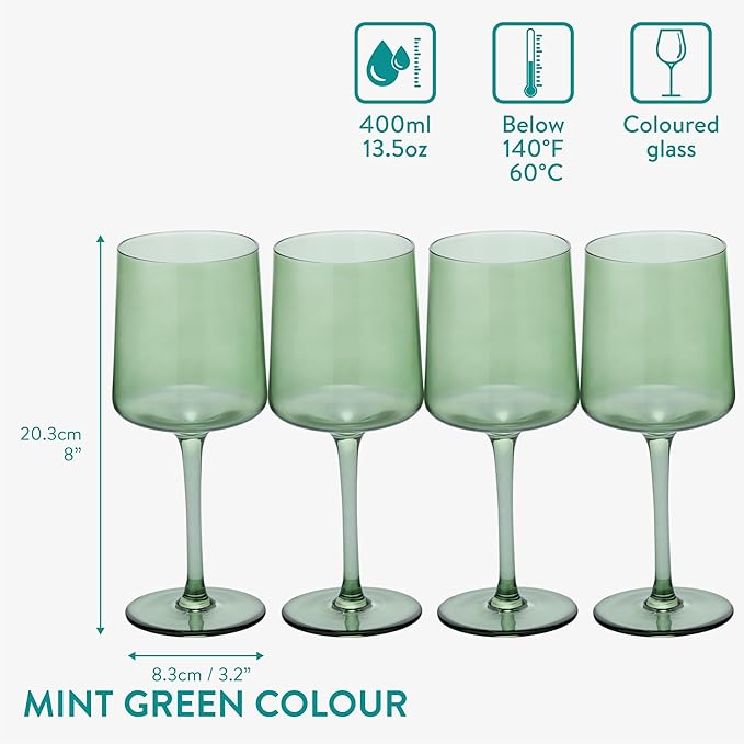 Navaris Mint Green Tinted Wine Glasses - Set of 4 - Coloured Wine Glasses with Stems - Stylish Design Glassware for Serving Wine, Cocktails, Dessert