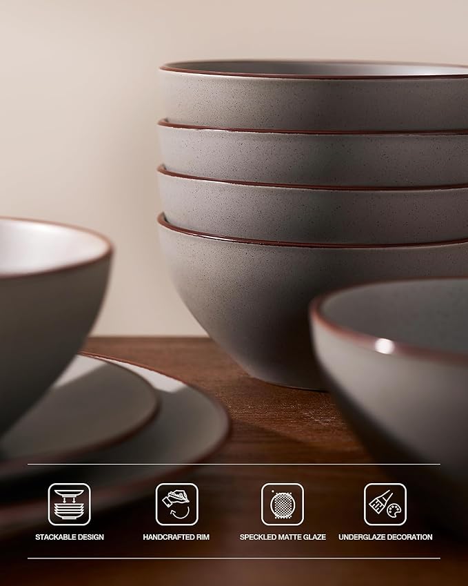 Famiware Venus Speckled Dinnerware Set with Pasta Bowls, Service for 6 (24 Pieces), Stoneware Plates and Double Bowls Sets, Microwave & Dishwasher-Safe Dishes with Trim, Matte Dark Grey