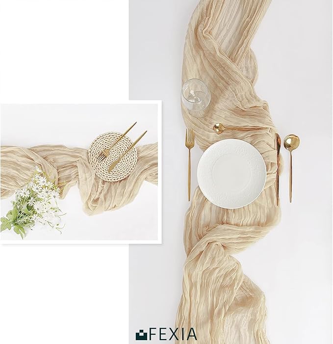 Beige Cheesecloth Table Runner Gauze Rustic Boho Party Decoration | 35x120 - Image 6