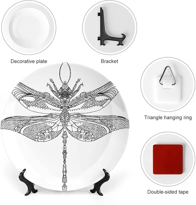 Ceramic Display Plate, Abstract Ceramic Hanging Decorative Plate, Animal Steampunk Dragonfly Pattern, 6 Inch, Household Custom Ceramic Plate, Black White