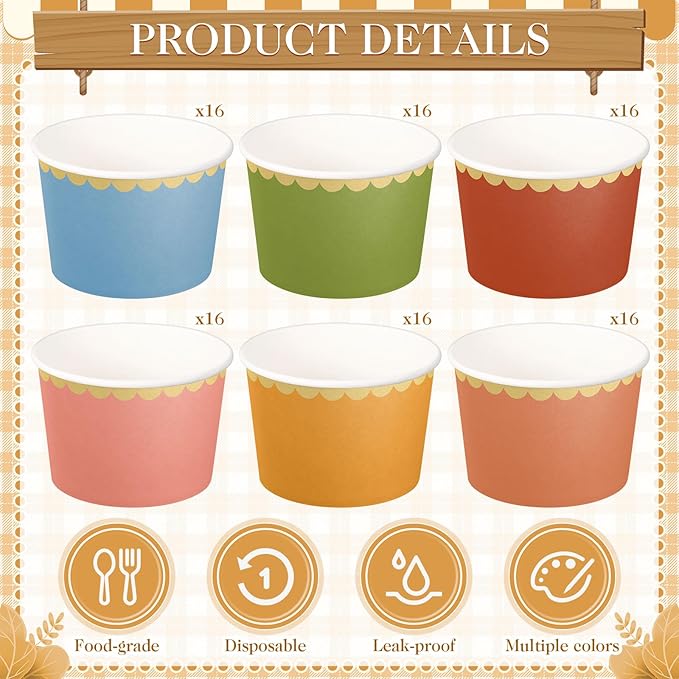 Zopeal 96 Pcs Fall Wildflower Disposable Ice Cream Bowls 9oz Colorful Gradient Color Paper Snack Cups with Gold Scallop for Parties, Weddings, Baby Showers, Desserts, Yogurt, and Salads