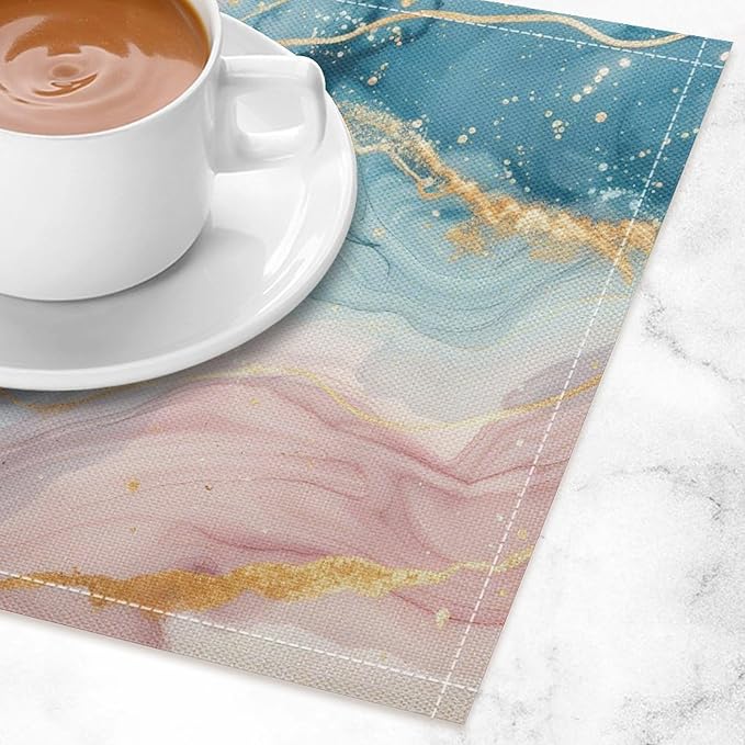Marble Linen Placemats Set of 4, Modern Luxury Foil Texture Pink Blue Gold Marble Washable Cloth Place Mats, Non-Slip Dining Table Placemats for Home Kitchen Party Banquets Decor 12x17 Inch