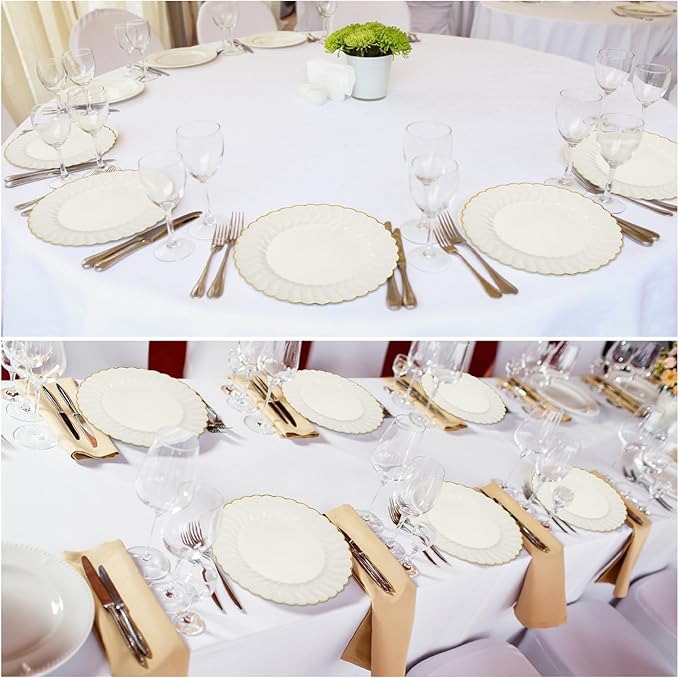 Mifoci 200 Pcs 7.5 Inch Ivory with Gold Rim Plastic Disposable Plates Bulk Salad Dessert Appetizer Cake Plates Elegant Fancy Plastic Tableware for Party Holiday, Wedding, Catering Table Decoration