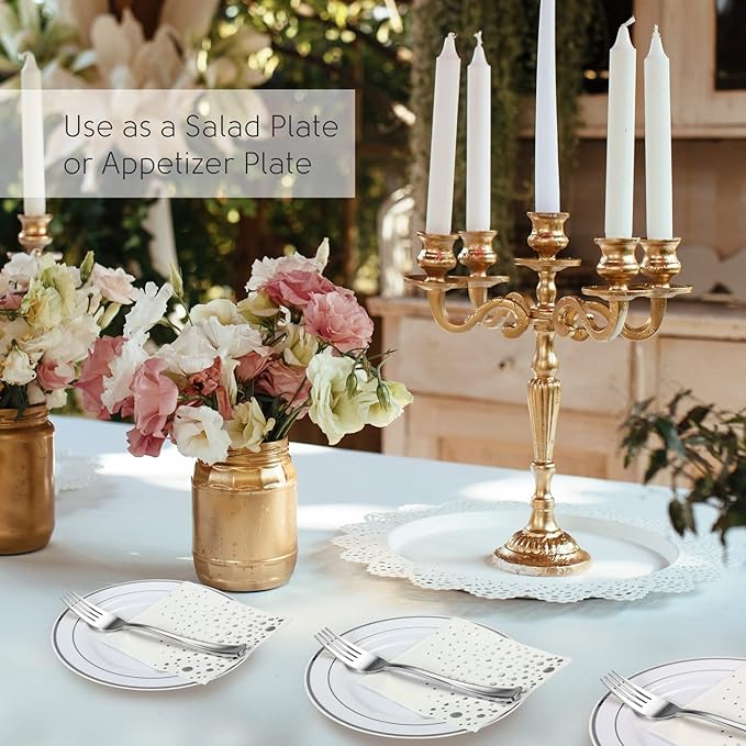 Stylish 7.5 Inch Silver Cake Plates with Disposable Forks and Cocktail Napkins (100 Set) - Small Appetizer Plates - Silver Plastic Dessert Plates - Plastic Cake Plates for Wedding Reception