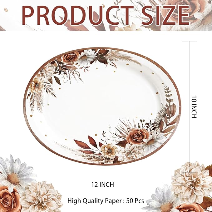 Grencian 50Pcs Fall Boho Floral Oval Paper Plates 10" x 12" Large Disposable Heavy Duty Fall Boho Rustic Dark Flower Tableware Dessert Plates for Autumn Thanksgiving Birthday Wedding Party Supplies