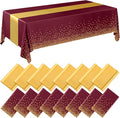 16 Pack Burgundy and Gold Disposable Plastic Tablecloths and Satin Table Runner by Breling