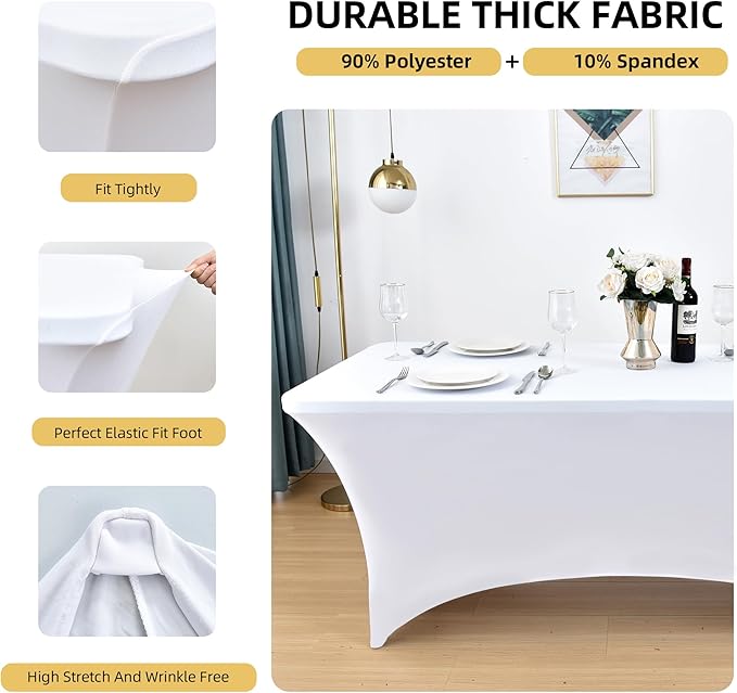 6-Pack 8ft White Spandex Table Covers for Rectangle Folding Tables - Washable Elastic Tablecloth - Ultimate Fitted Table Protector for Birthday Parties, Trade Shows, Banquet