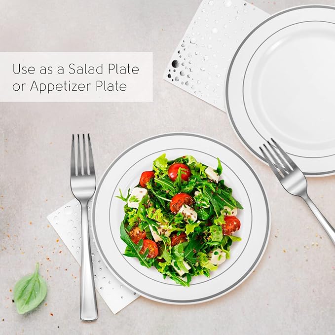 Stylish 7.5 Inch Silver Cake Plates with Disposable Forks and Cocktail Napkins (100 Set) - Small Appetizer Plates - Silver Plastic Dessert Plates - Plastic Cake Plates for Wedding Reception