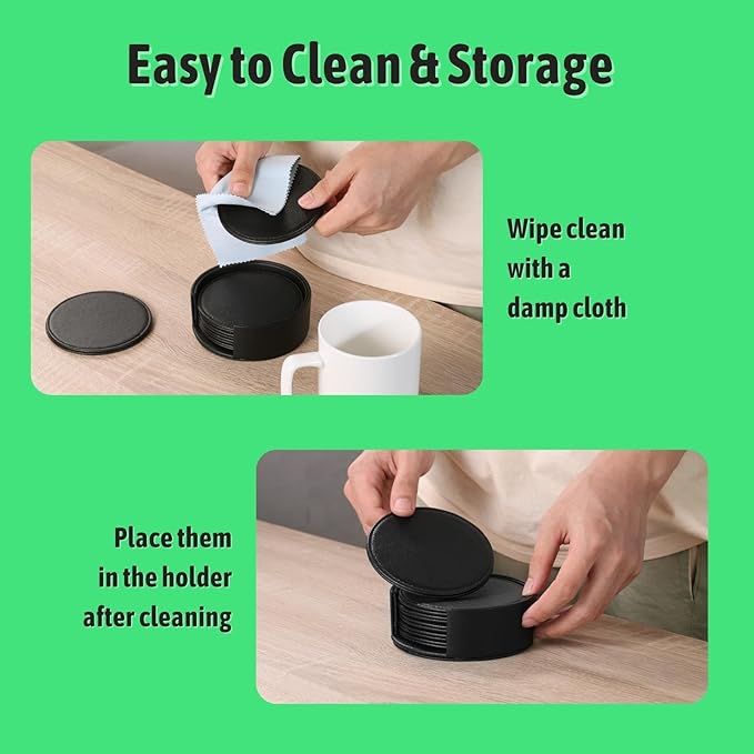 Drink Coasters with Holder, 4" Leather Coasters for Drinks Set of 6 for Tabletop Protection, Elegant Home Decor & Handmade Housewarming Gift - Black