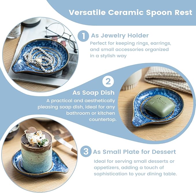 LAUCHUH Spoon Rest for Stove Top - 5” Ceramic Spoon Holder Stylish Utensil Holder for Kitchen Countertops, Ladle, Coffee Spoons, Cooking Spoons, Spatula, Tongs, Heat-Resistant, Starry Blue