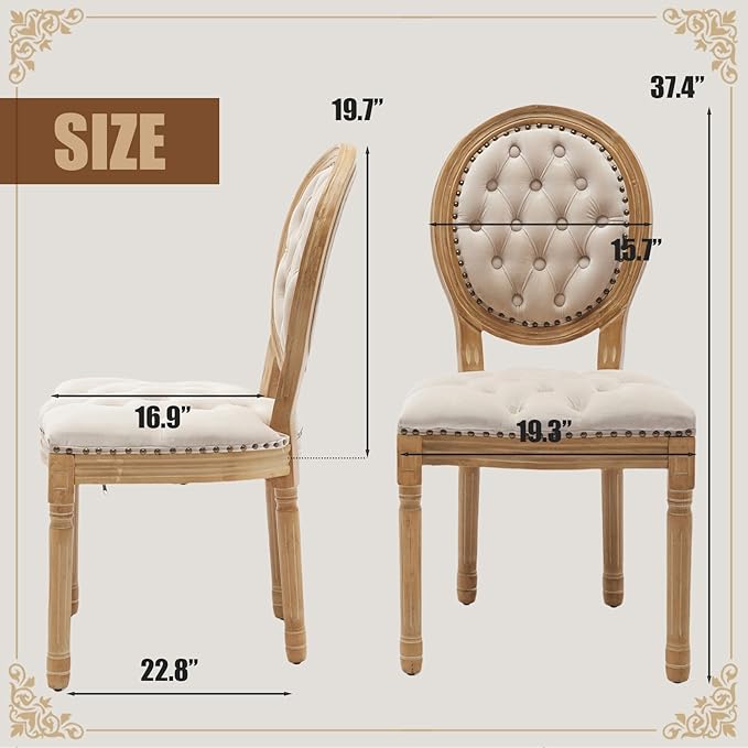 SoarFlash French Dining Chairs Set of 2, Vantage Dining Chair with Round Back, Wood Leg Farmhouse Country Velvet Dining Chair for Kitchen,Bedroom,Beige