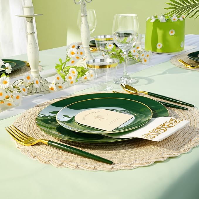 100 PCS Green Gold Plastic Plates, 10 inch Green Disposable Plates for Party, Plastic Dinner Plates for Party, Graduation, Birthday, Wedding