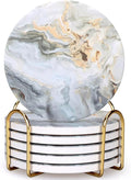 6 Pcs Grey Abstract Ceramic Coasters with Holder: 6 Round Modern Drink Coasters, Absorbent, Non-Slip, Gold Metal Holder