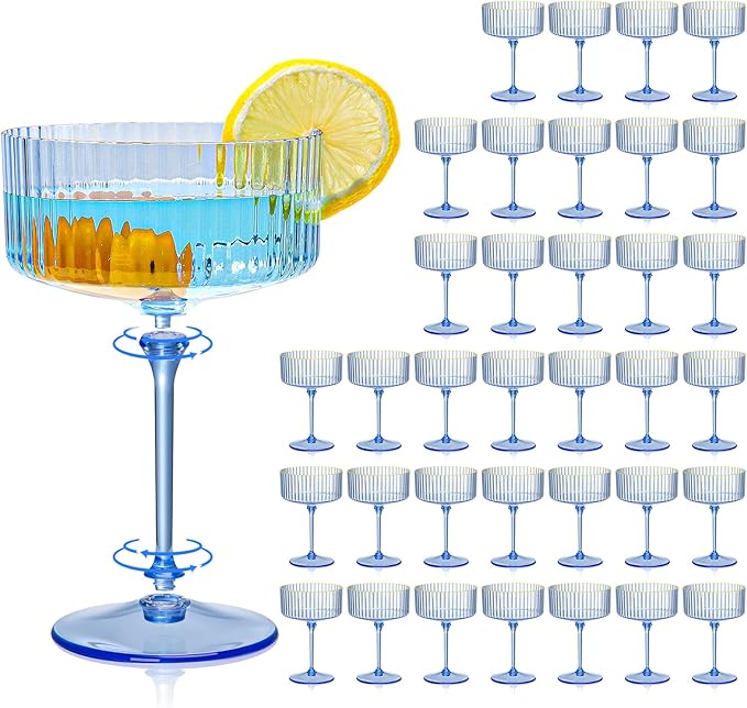 XUWAIDSGN 50 Pcs Champagne Martini Glasses 9 Oz with Gilded Removable Gold Rim Coupe Glasses Pink Martini Glasses Plastic Mimosa Vintage Coupe Glasses Set For Wedding Anniversary (50, Clear Blue)