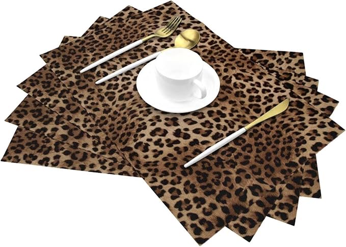 Brown Leopard Placemats Set of 6 Black Cheetah Skin Wild Animal Print Wipeable Table Mats Reusable Washable PVC Rectangle Place Mats for Kitchen Dining Home Decor 12x18 Inches