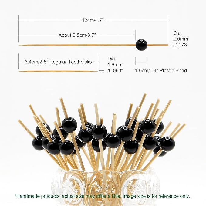 Minisland Black Pearl Cocktail Picks, 4.7 Inch Long Bamboo Fancy Toothpicks for Appetizers, Decorative Halloween Holiday Party Food Drink Garnish Fruit Kabob Skewer Sticks 100 Counts - MSL456
