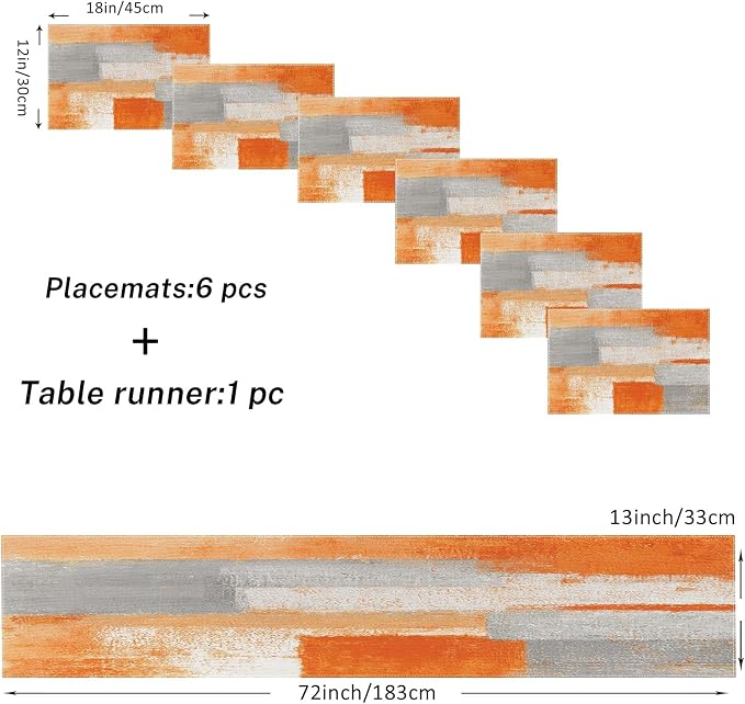 Table Runner and Placemats Set of 6, Abstract | Painting Orange Grey Art Dining - Image 2