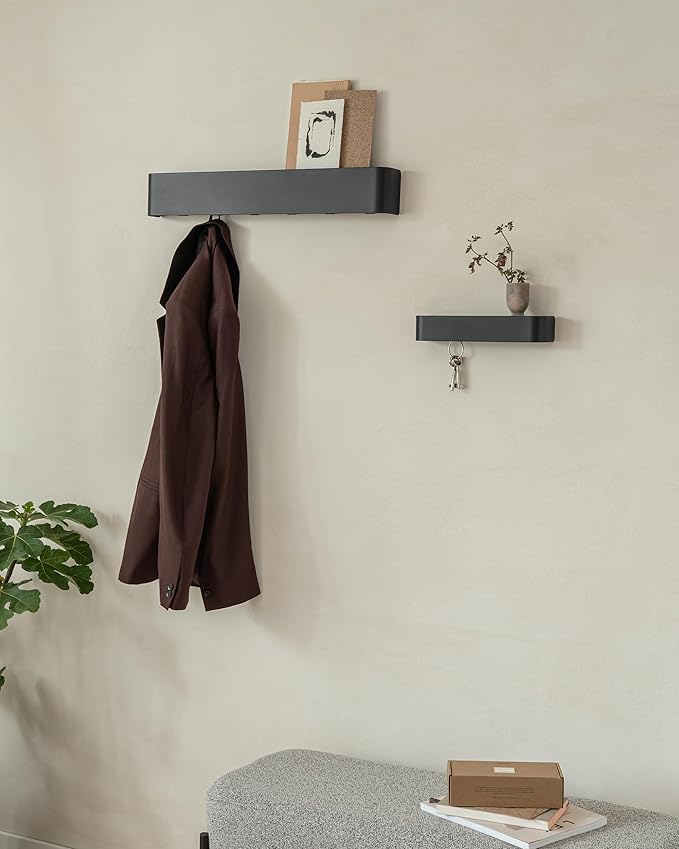 Kazai.® Coat Rack Wall Mount with Shelf 'Tone' | Modern Design Coat Hanger with Hidden Hooks and Storage | Hat Rack with Shelf in Metal | Wall-Mounted Purse Organizer | Black