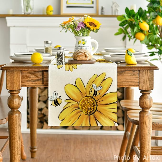 Artoid Mode Beige Bee Sunflower Table Runner, Seasonal Spring Summer Flowers - Image 2