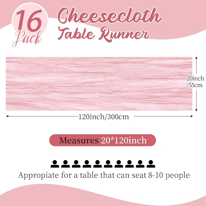16 Pack Light Pink Cheesecloth Table Runners 20x120 Inch Gauze Table Runner - Image 2
