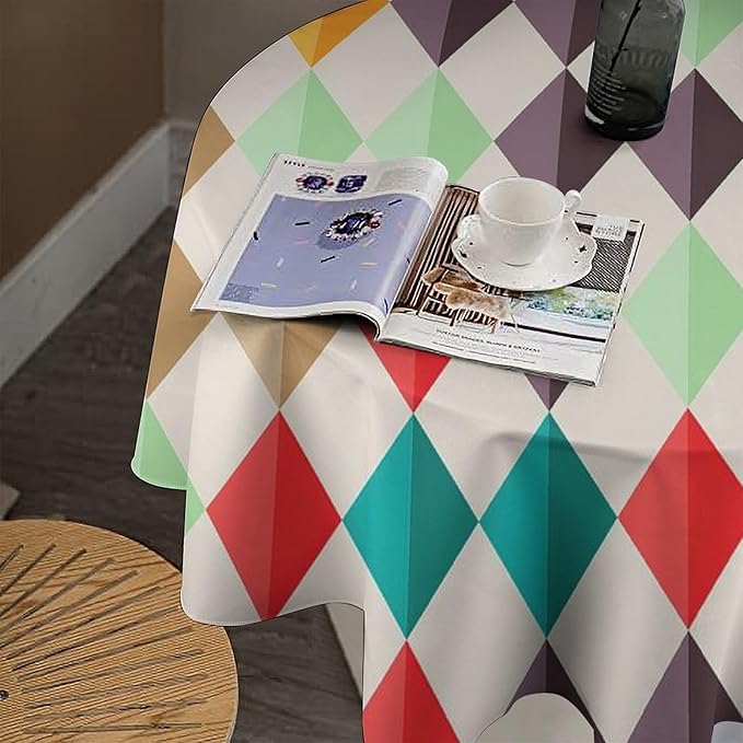Abstract Geometric Round Tablecloth, Modern Mid Century Background Mid Century Colorful Print Pattern Tablecloth for Home Party Dining Room Kitchen Decor 70Inch(178cm)