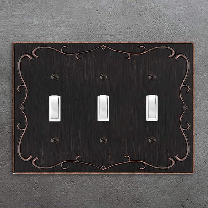 French Cabriole Decorative Wall Plate Switch Plate Outlet Cover (Triple Toggle, Aged Bronze)