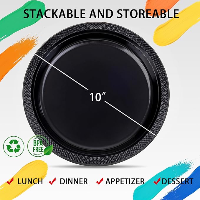 WELLIFE Black Plastic Plates 10 Inch -150 Count for Party, Plastic Disposable Dinner Plates for Easter Picnic BBQ