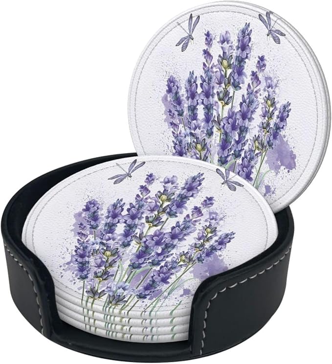 6 Pcs Lavender Flower Purple Floral Dragonfly Leather Coasters - Image 2