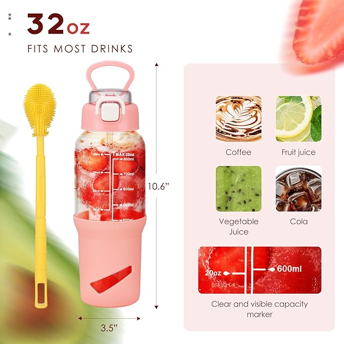 SIEROZUR 32 oz Glass Tumbler with Straw, Glass Water Bottles with 2 Lids-Handle Spout Lid & Straw Lid, 1 Liter Motivational Water Bottles, Silicone Sleeve, Fits Car Cup Holder,Pink