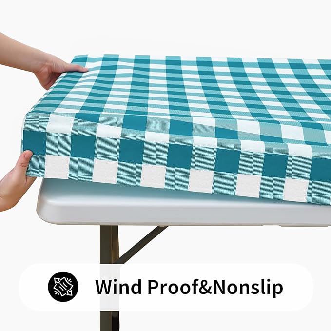 Smiry Rectangle Picnic Table Cloth, Elastic Waterproof Fitted Vinyl Tablecloths, Flannel Backed Buffalo Plaid Table Covers for Dining, Camping, Outdoor (White and Turquoise, 24" x 48")