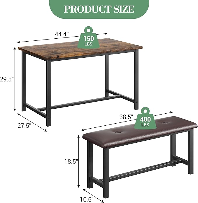 Garvee Dining Table with 2 Benches, Kitchen Table with 2 Upholstered Benches, 3 Piece Dining Table Set Space Saving for Apartment, Kitchen, 44.48" l x 27.58" w x 29.58" h, Rustic Brown