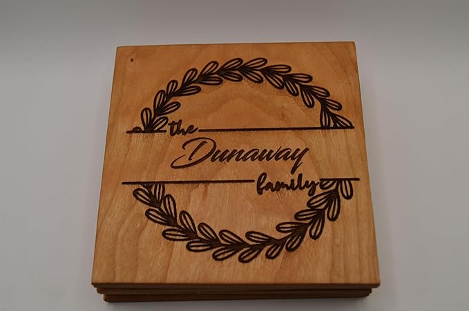 Personalized Wooden Coasters with Monogram, Wedding Date Engraved, Family Name- Choice of Wood (Wreath Family Name)