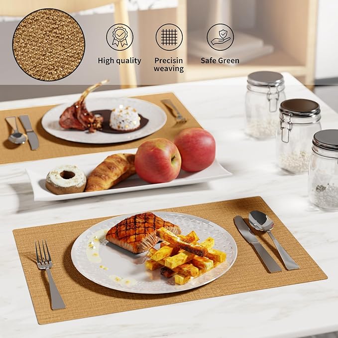 Cloth Placemats, Set of 4 Heat-Resistant Cotton Linen Blend Double Layered Machine Washable Place Mats, Wrinkle Free Thick Fabric Dining Table Mats for Indoors & Outdoors (Natural Linen, 4)