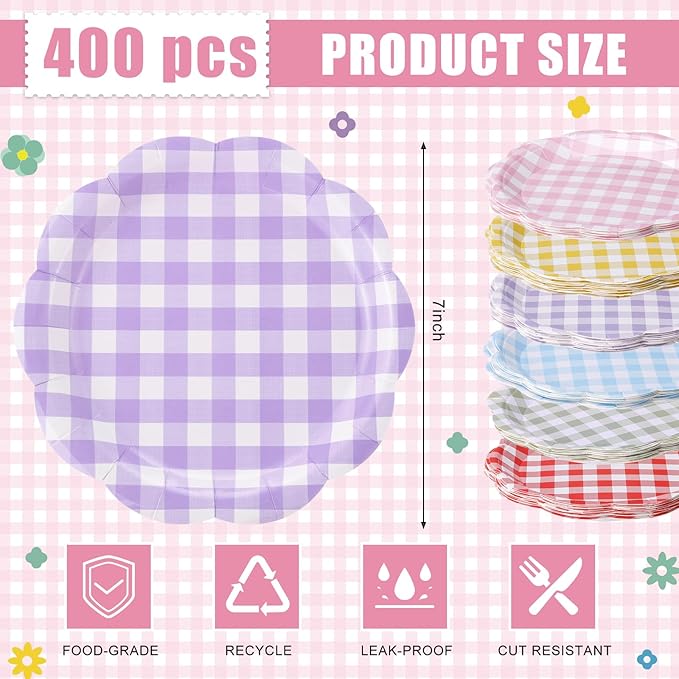 Umigy 120 Pcs Gingham Party Plates 7 Inch Colorful Paper Plates, Spring Gingham Disposable Decorative Tableware for Birthday Wedding Baby Shower Tea Party Bridal Shower